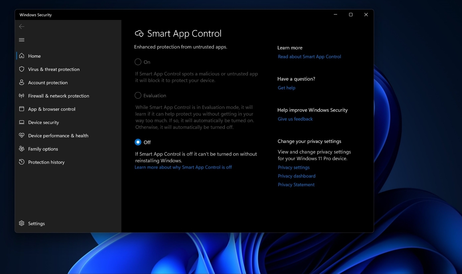 Windows 11 Smart App Control settings